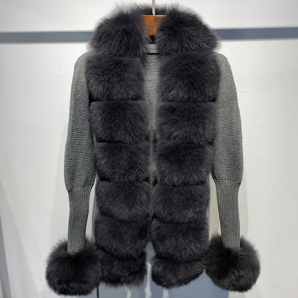 Furshehe Autumn Sweater Winter Women Real Fox Fur Coat Knitted Cardigans with Natural Fur Fashion Streetwear Lady Knitwear