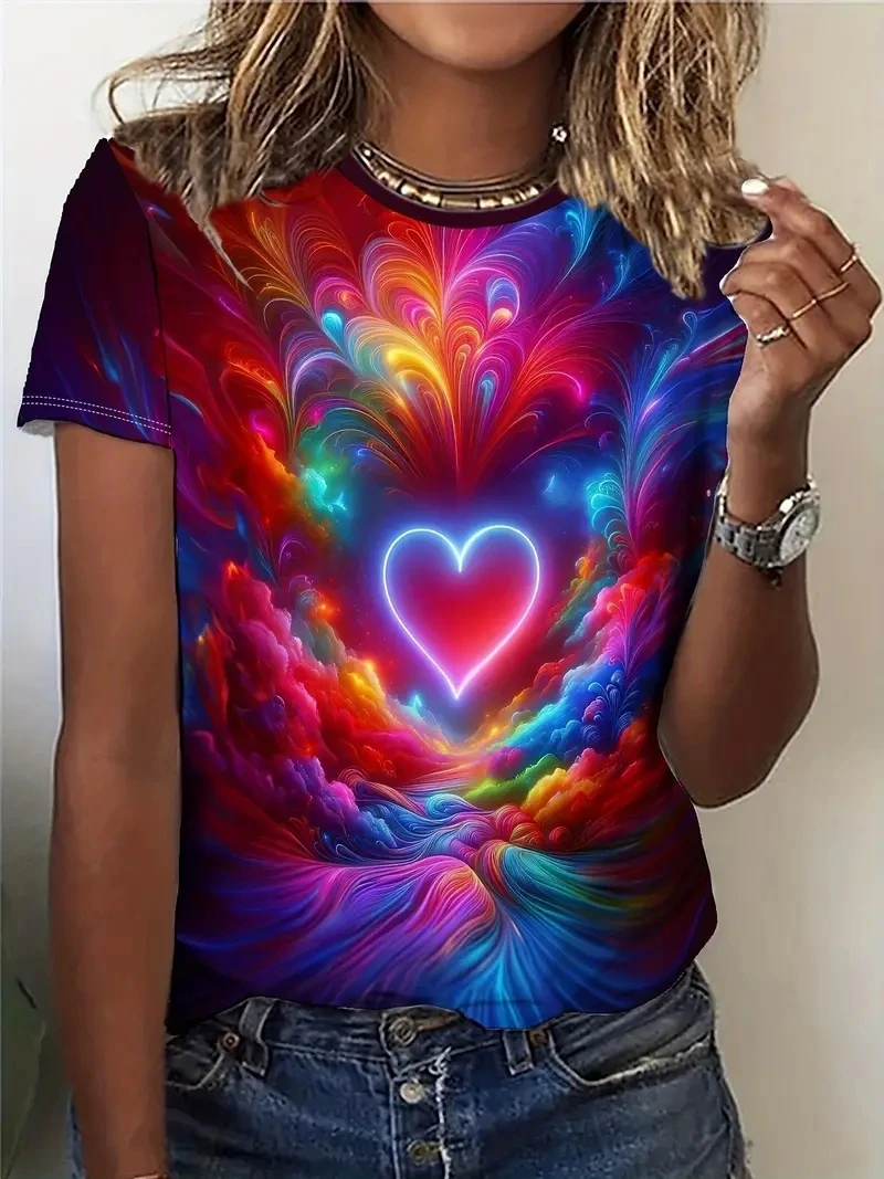 

Женская футболка больших размеров с 3D принтом в форме сердца и короткими рукавами, свободная и повседневная, мягкая, удобная и дышащая, для занятий спортом на открытом воздухе