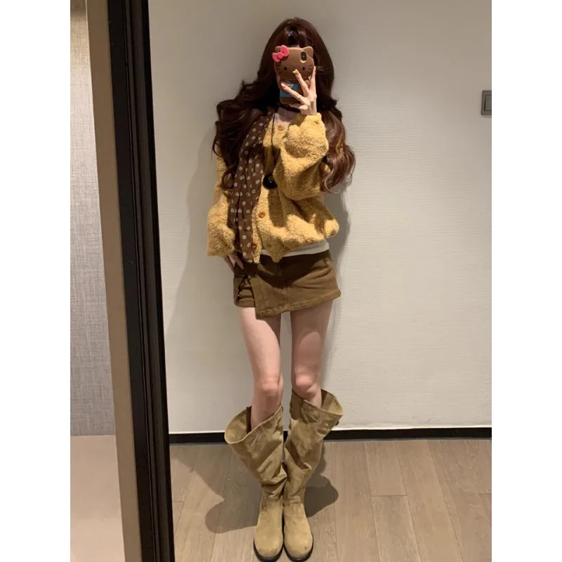 

Cardigans Informal Sweaters Womens Summer Wild Distressed Illusion-Two-Pieces Festival Boxy Seamless Decorated Waffle Stylish OL