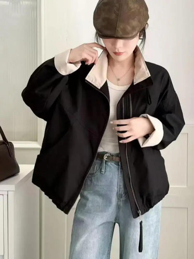 Mode coréenne solide vacances vêtements de travail manteau court femmes à manches longues élégant ample Double fermeture éclair vestes hauts automne hiver décontracté
