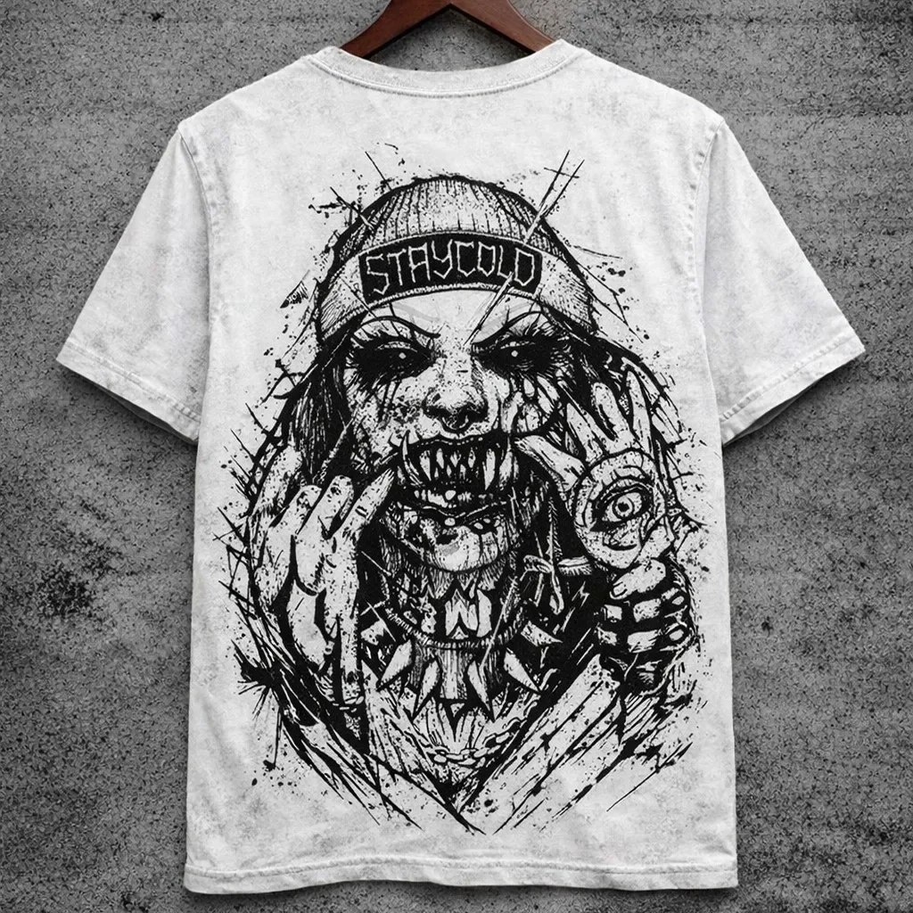 Dark Horror Demon Girl with Back Print, Fantasy Eyes, Front Logo, Punk Goth Streetwear, Short Sleeved Top
