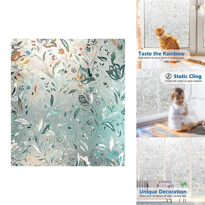 3D Rainbow Window Film Stained Glass Vinyl Static Non Adhesive Film Opaque Privacy Protective Tint