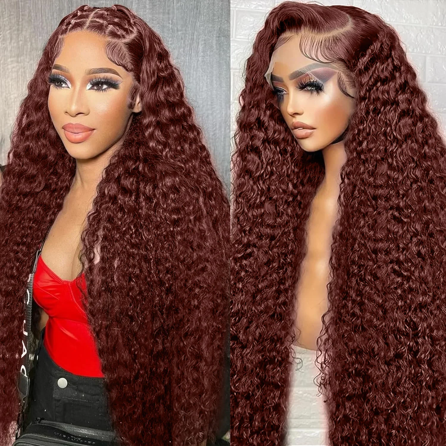 

Reddish Brown Curly Human Hair 13x4 Transparent Lace Front Wigs Free Part Reddish Brown Deep Wave Human Hair Wigs With Baby Hair