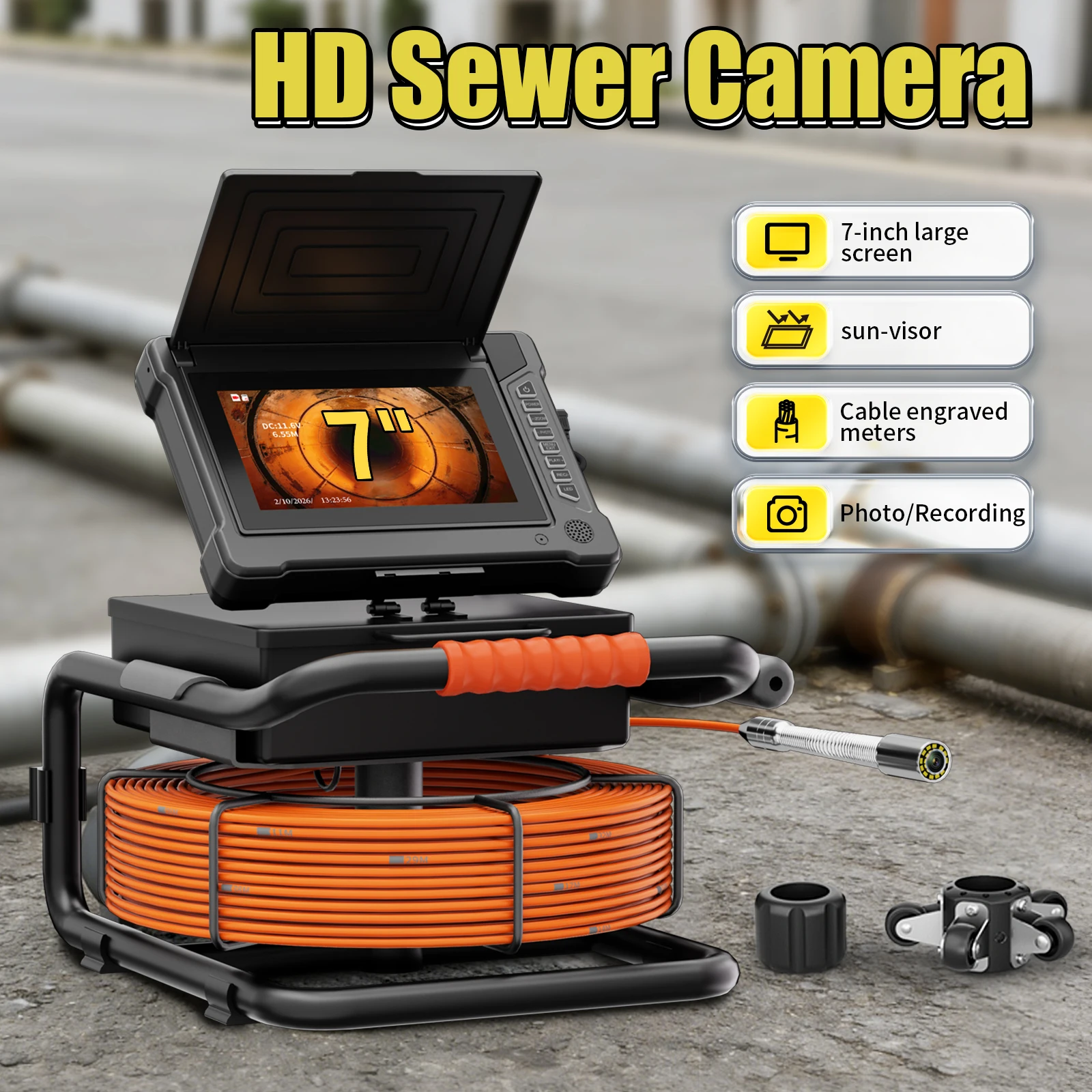 

Камера для осмотра канализации 7 дюймов с DVR, счетчиком метража, эндоскопом и функцией самовыравнивания 512 Гц