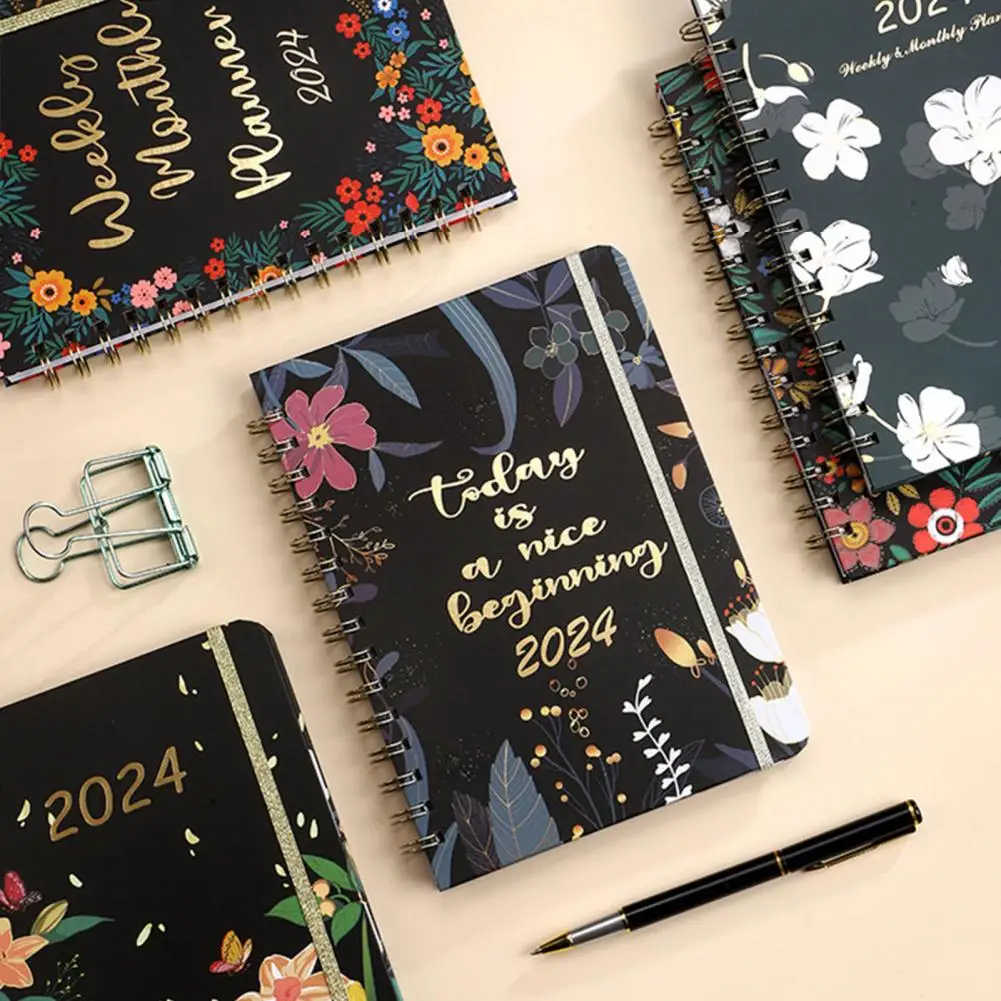 Planificador mensual y semanal, planificador con diseño de bobina Floral 2024, cuaderno mensual y semanal para el hogar, la escuela y la Oficina, 2024