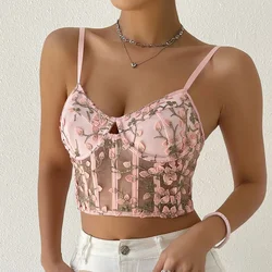 Women Camisole Pink Crop Top Embroidery Floral Lace Strapless Corset Top Bustier Slim Hollow Out Tank Tops Clubwear Cropped Vest