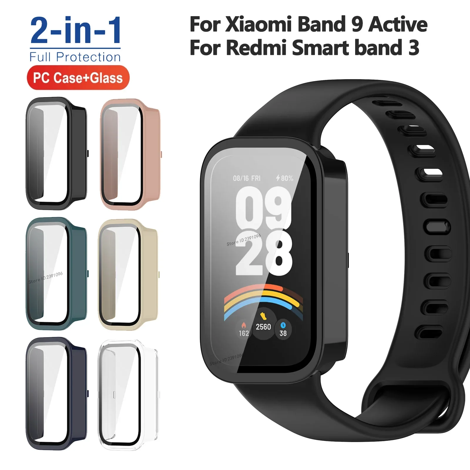 Glass+Case for Xiaomi Smart Band 9 Active Tempered Glass Screen Protector & Hard PC Protective Bumper for Redmi Band 3 Cover