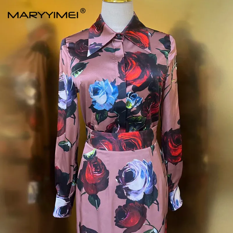 Imagem -03 - Maryyimei-camisa de Peito Único Feminino com Lapela de Seda Manga Comprida Saia de Fenda Quadril Envoltório de Seda Designer de Pista Nova Moda Pcs Set