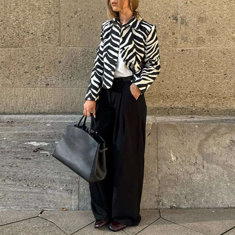 Damen-Crop-Mäntel, Zebra-Muster, Revers, Langarmjacken, Herbst, Damen, einreihig, mit Einsätzen, schmale Jacke, neue Oberbekleidung – Detail 8
