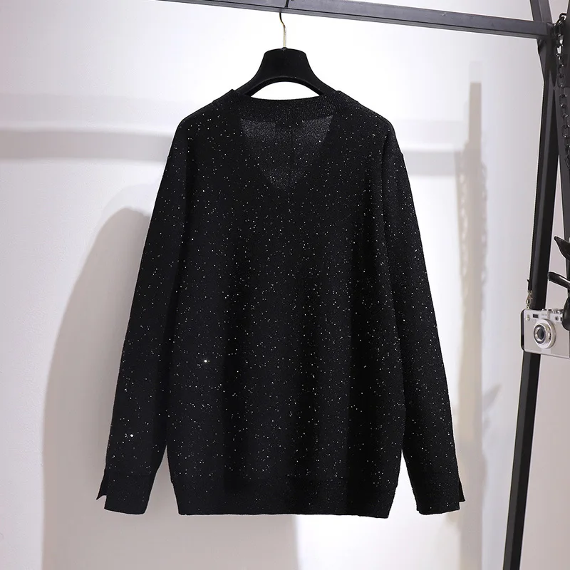 150Kg Large Size Women's Autumn Winter New V-Neck Sequin Sweater Bust 156cm 6XL 7XL 8XL 9XL Loose Black Long-Sleeved Sweater