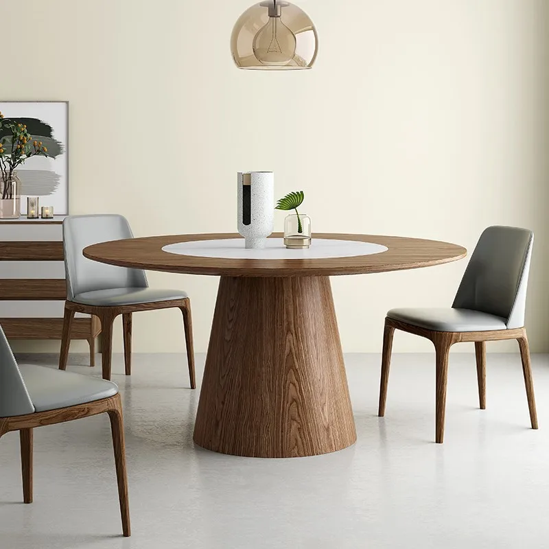 Scandinavian large wood round dining table with 6 chairs set, gray wood round rotating dining table with 10 chairs set