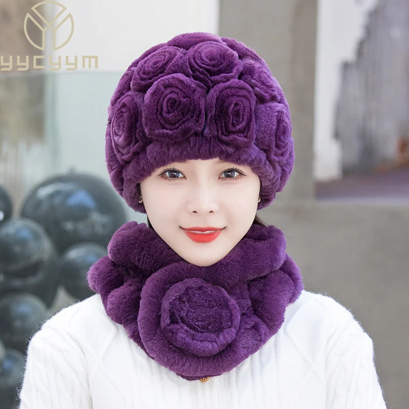 Hot Sale Lady 100% Natural Fur Hats Scarves Sets Women Winter Knit Real Rex Rabbit Fur Hats Muffle 2 Pieces Real Fur Hat Scarf