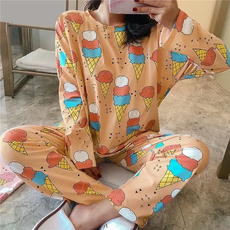 Ropa de dormir de primavera de dos piezas para mujer, pijama estampado, ropa interior larga de dibujos animados, conjunto bonito de zanahoria, nuevos conjuntos de manga