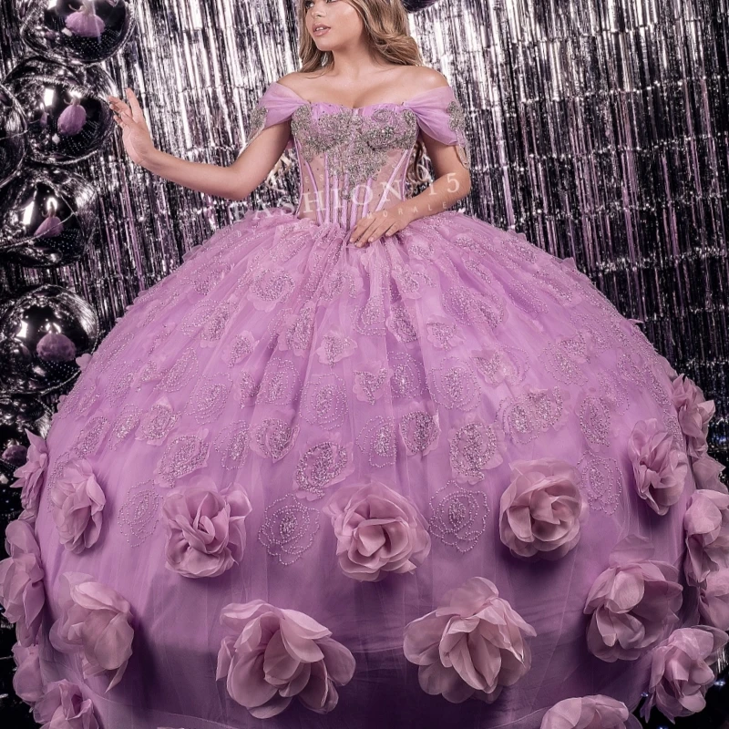 

Сиреневое блестящее платье принцессы с открытыми плечами Sweet 16, платья Quinceanera, тюлевой корсет с цветочным принтом и бисером, вечерние платья для дня рождения, 15