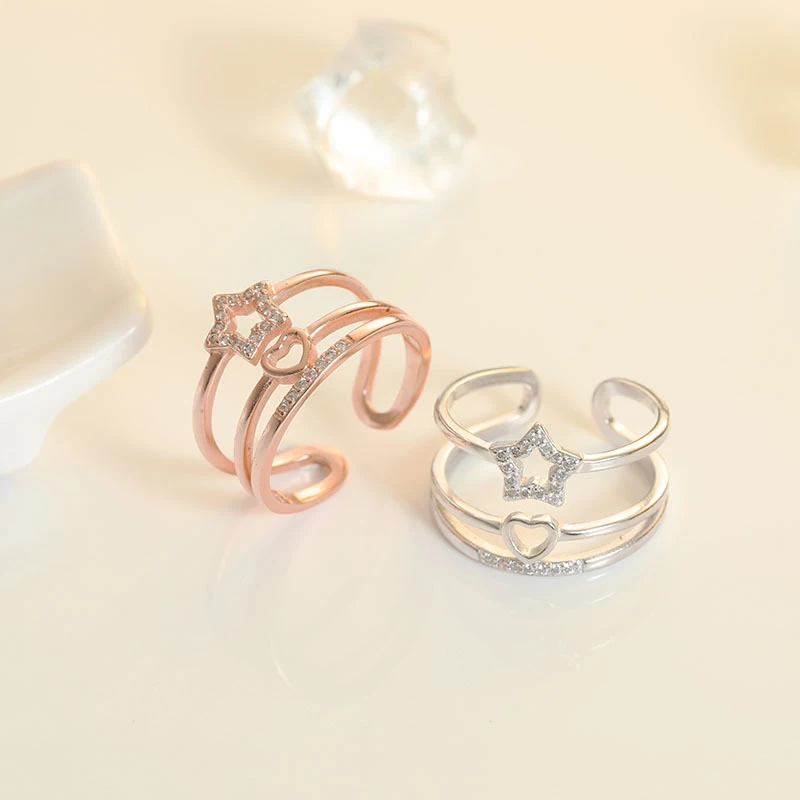 New Exquisite Star&Heart Rhinestone Three Layer Adjustable Rings 925 Sterling Silver Women Jewelry Trendy Multilayer Finger Ring