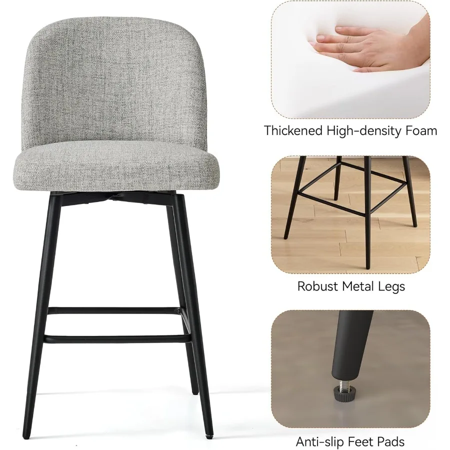 カウンターハイトバースツール2脚セット、シート高さ26.9インチ、回転式、布張りリネンバースツール、背もたれと金属脚付き、キッチン用