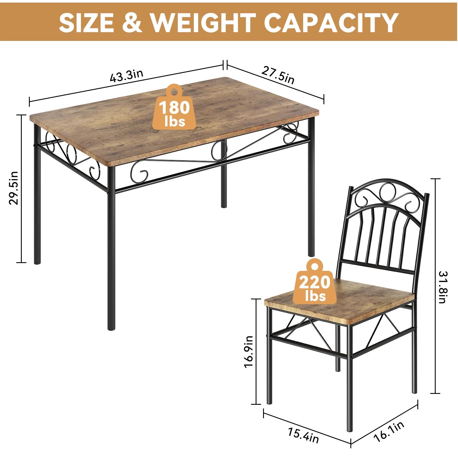 Dining Table Set for 4, Rustic Wood Grain Dining Table with Black Metal Frame, 5 Piece Kitchen Table Set with 4 Metal Dining Chairs for Small Space Breakfast Nook