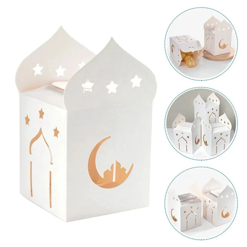 ABKI-50PCS Eid Mubarak Candy Boxes Hollow Star Moon Cookie Gift Packaging Box Ramadan Islamic Muslim Decoration Supplies Durable