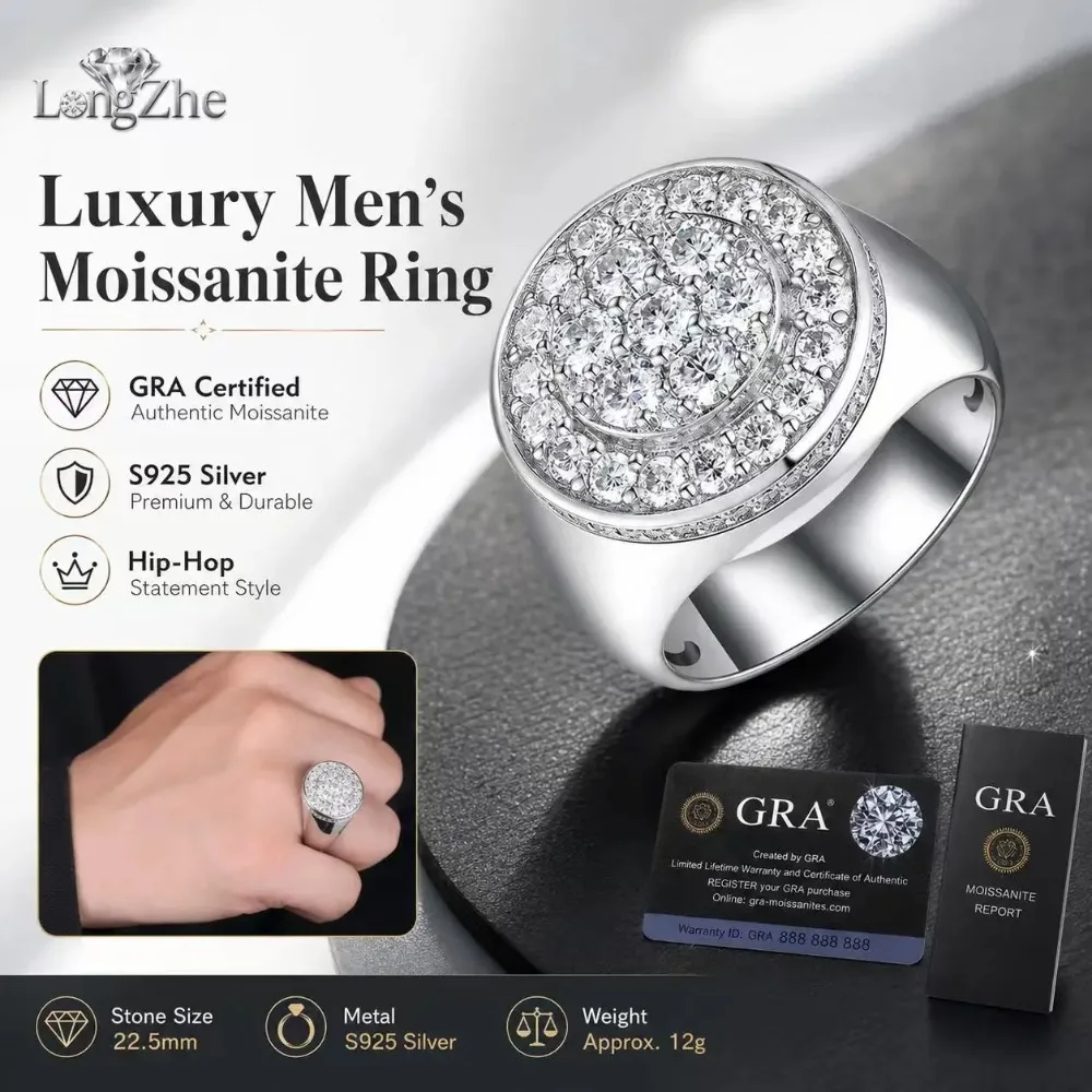 S925 Sterling Silver Moissanite Ring for Men 2.7CT D-E Color Round Cut Full Pave Hip Hop Statement Wedding Party Gift Jewelry
