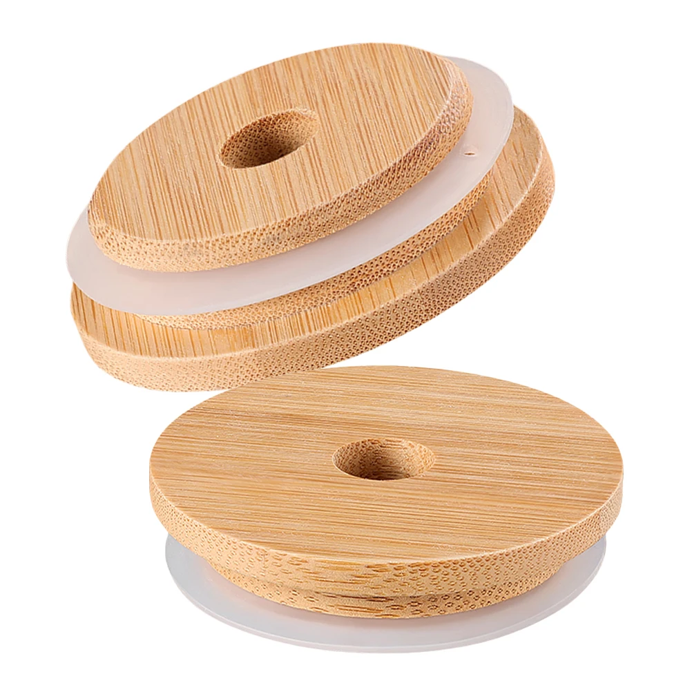 

2pcs Bamboo Lids For Mason Jar Reusable Silicone Seal Lid With Straw Hole Cup Cover For Glass Bottle Yogurt Jar Multipurpose