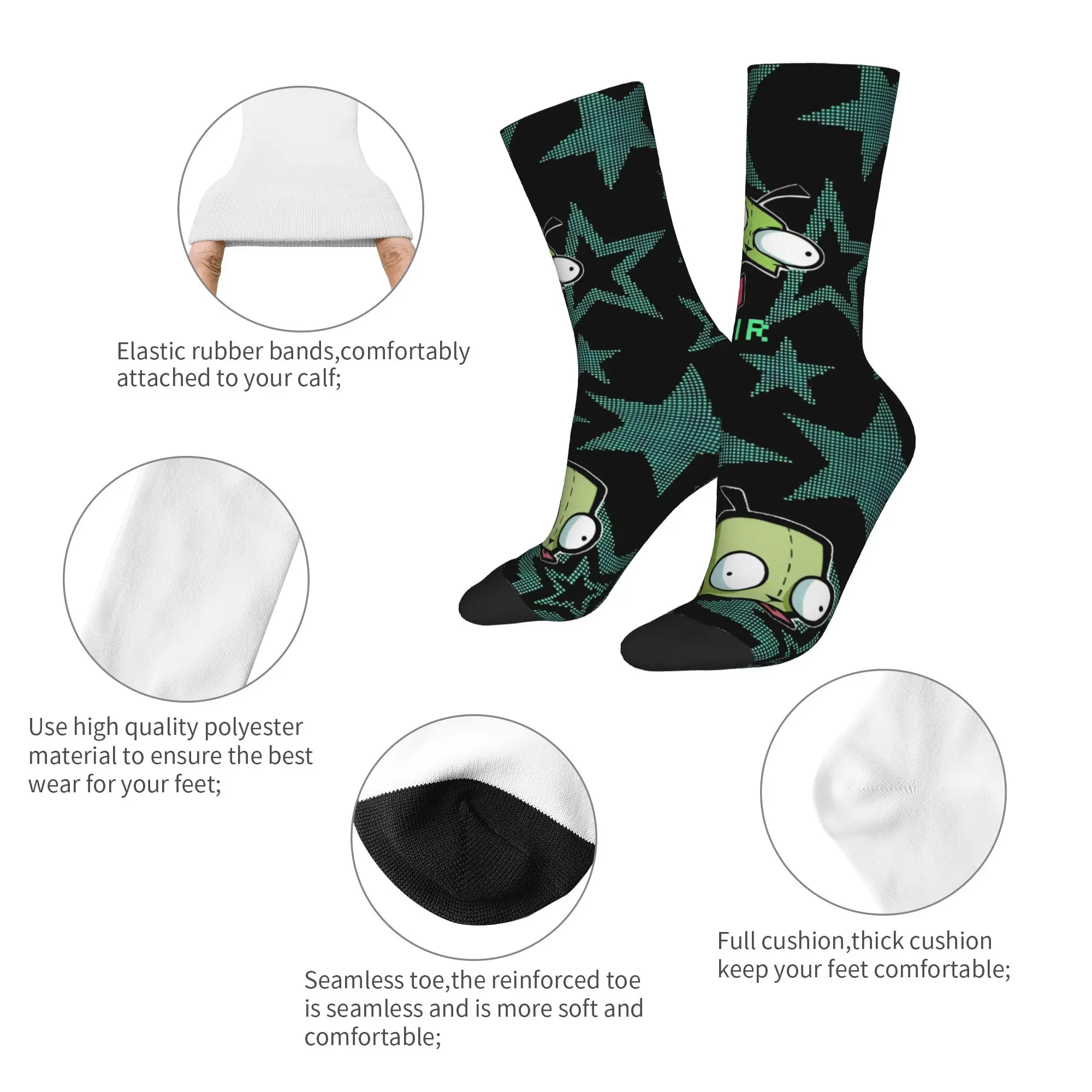 Cute Invader Zim Socks Men's Women's Polyester Casual  Socks Novelty Spring Summer Autumn Winter Middle Tube Socks Gifts