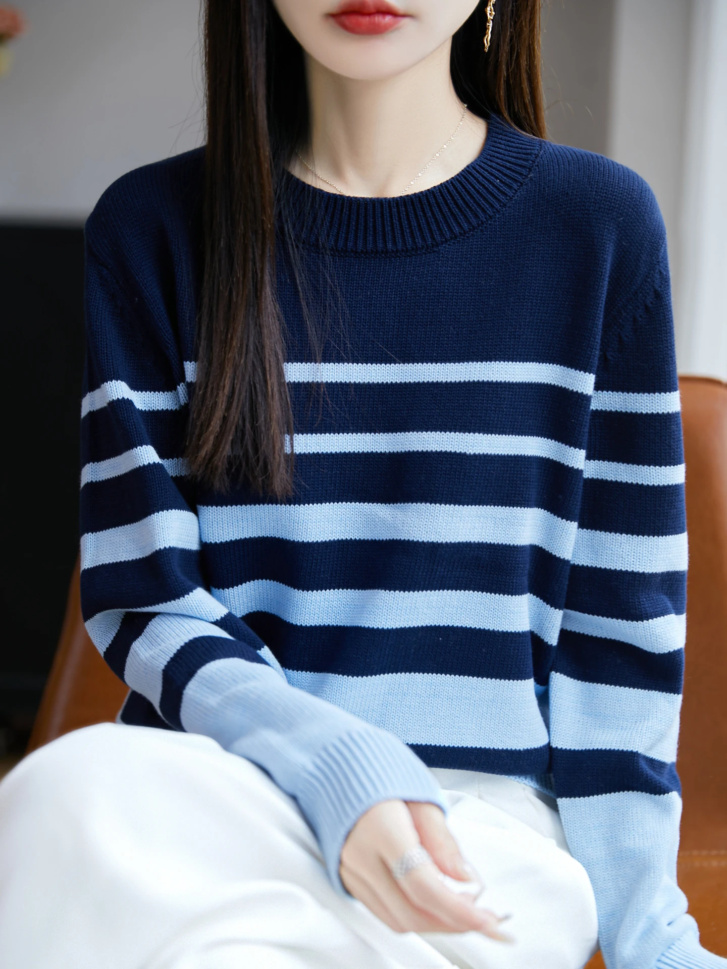 

Women's round Ne Knitted Sweater Long Sve Cotton Tead Slim Fit Inner Wear Base irt Stripe Pattern Commute Sle