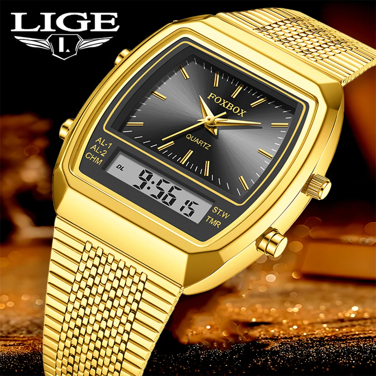 

FOXBOX Fashion Casual Men Watches Digital Dual Time Week Gold Sport 3bar Waterproof Quartz Wristwatches Clock Relogio masculino