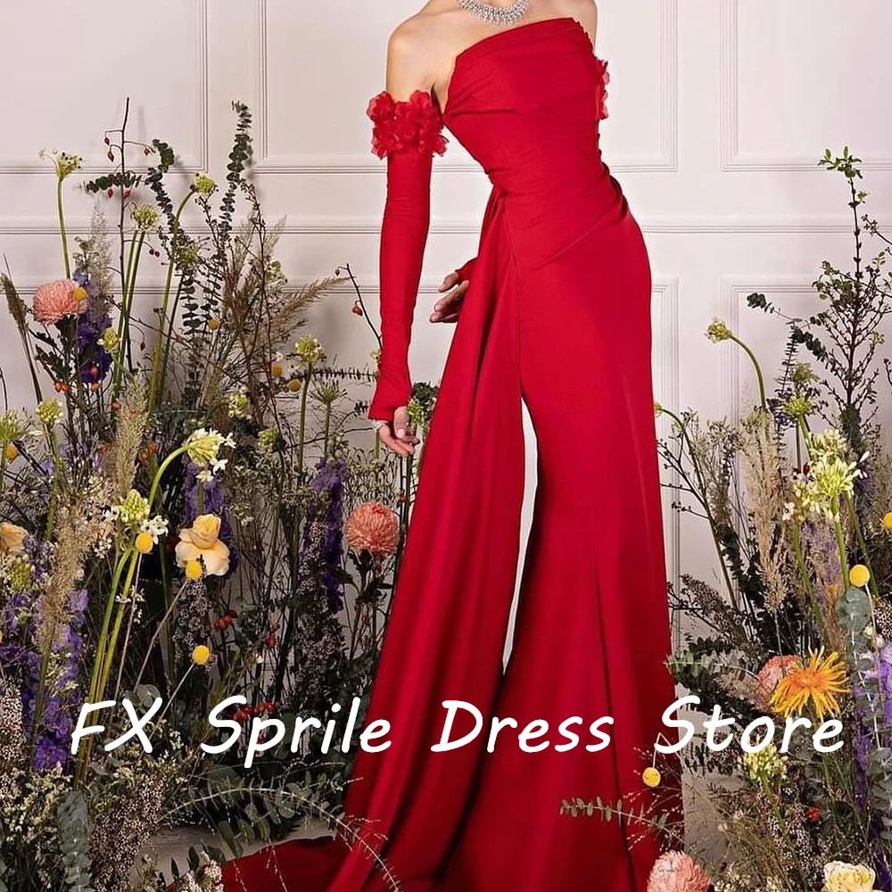 Red Strapless Detachable Sleeve Jersey Straight Backless Floor Length Panel Train 3D Flowers Long Sleeves Elegant Evening Dress