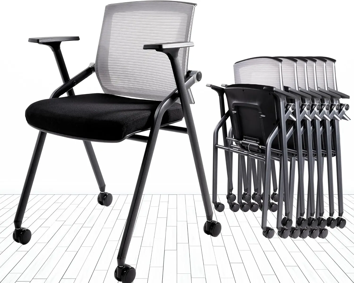 

Conference Room Chairs, Folding Office Desk Chair with Lumbar Support and Sliding Armrest with Casters, Stackable Office Guest C