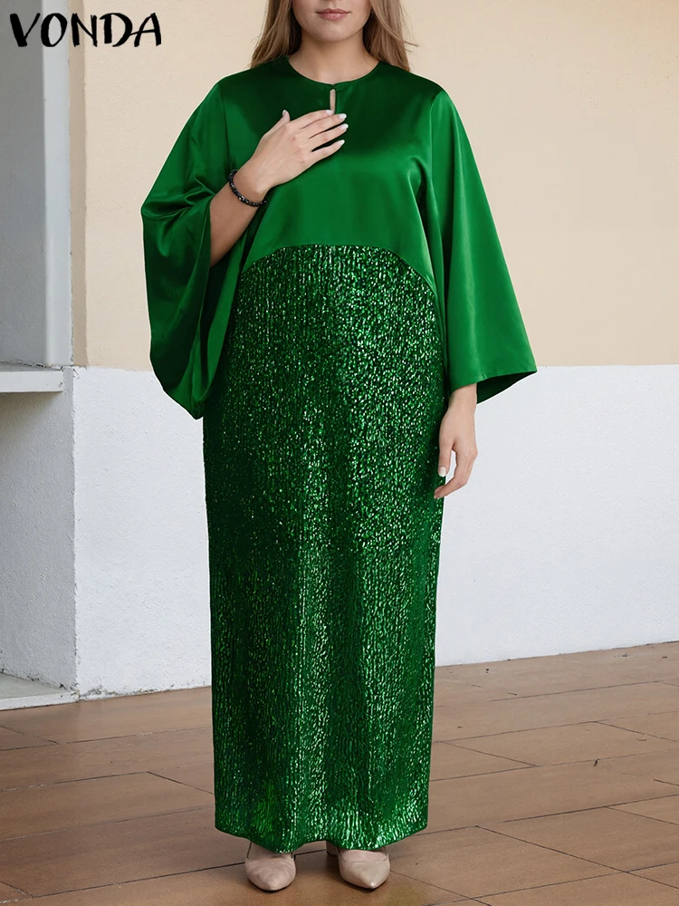 فستان نسائي لخريف 2025 5XL مقاس كبير فستان صيفي عتيق مرقع فوندا رداء فضفاض غير رسمي أنيق 3/4 بأكمام جناح الخفافيش #1