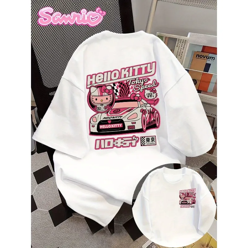

Sanrio Hello Kitty Women's Front-and-Back Printed Casual T-Shirt Cute Cartoon Design Tokyo Racing Theme Round Neck T-Shirt