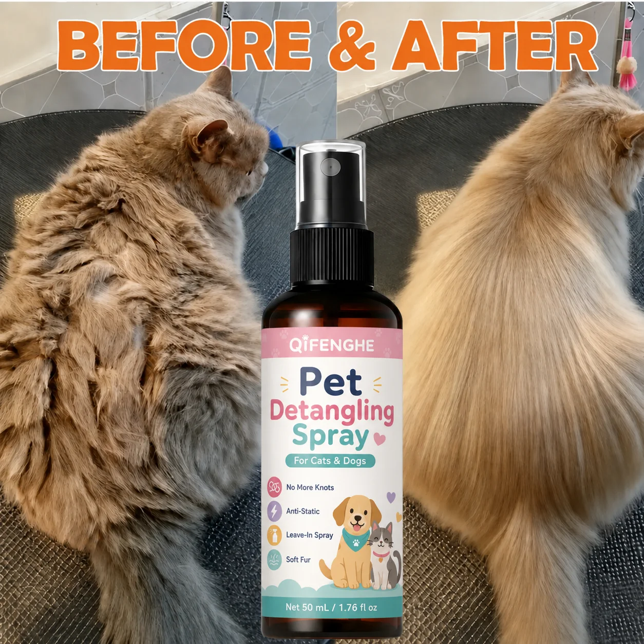 Pet Hair Detangler and Dematting Spray for Dogs Cats Anti Static No Rinse Coat Care Softens Knots Tangles Easy Combing 50ml