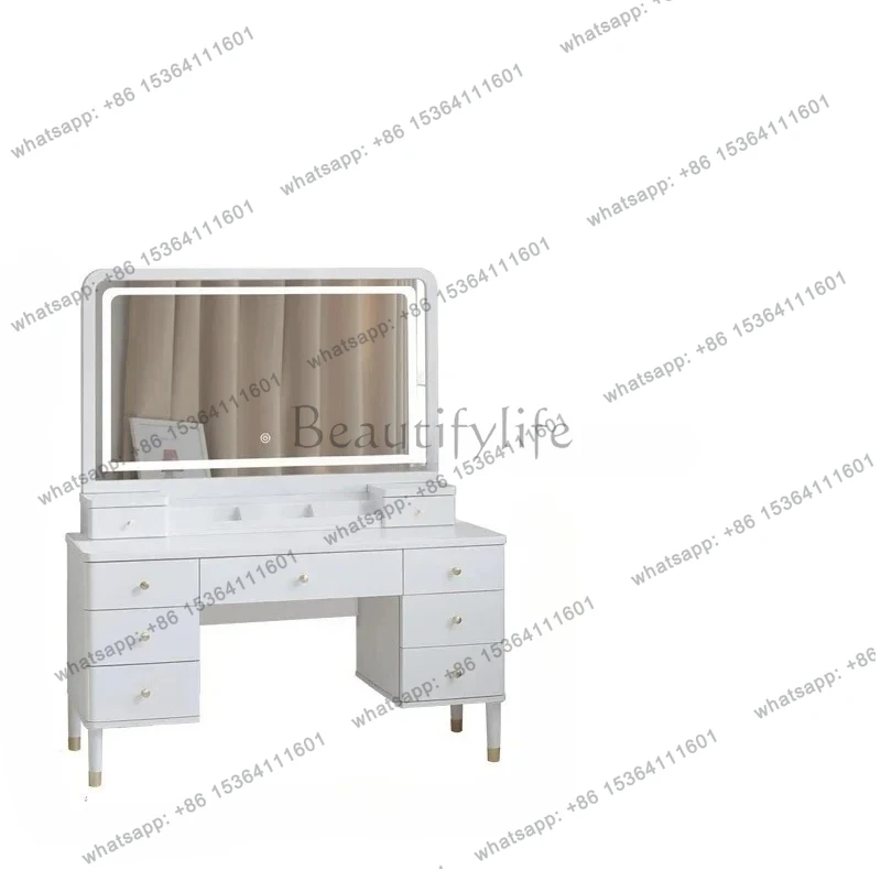 กระจกแต่งหน้าไม้แท้ FG28 ขนาดใหญ่ ดีไซน์หรูหรา ขนาด 1.4-1 เมตร สไตล์โมเดิร์นเรียบง่าย พร้อมที่เก็บของและโคมไฟ สไตล์อินส์