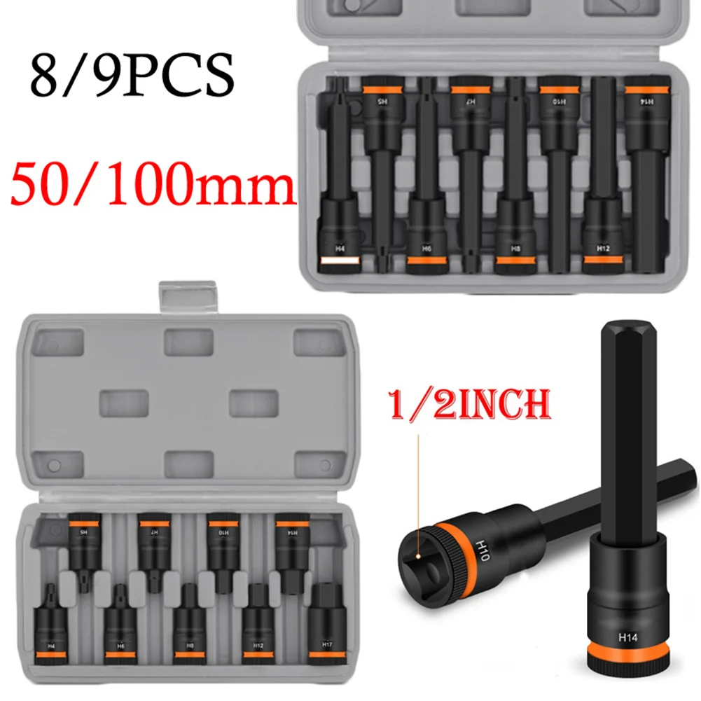 

Metric Hex Bit Socket Adapter Set 8 Or 9 Pieces Chrome Vanadium Steel H4 To H17 55mm And 100mm For Impact Driver 1/2 Inch