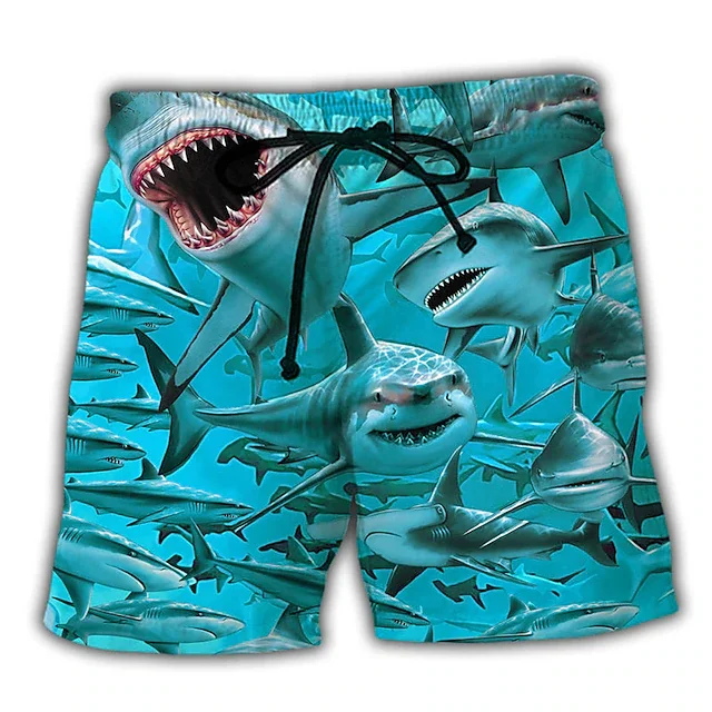 Nowe męskie krótkie spodenki kąpielowe kąpielówki sznurkiem rekin graficzne nadruki szybkoschnące codzienne wakacyjne spodenki hawajskie