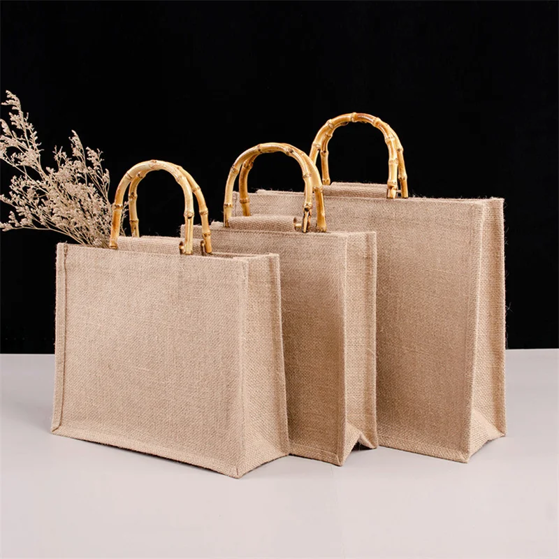 Large Capacity Shopping Bag Jute Shopping Bag Handbag With Bamboo Loop Handles Women Girls Tote Bag Portable Storage Beach Bags