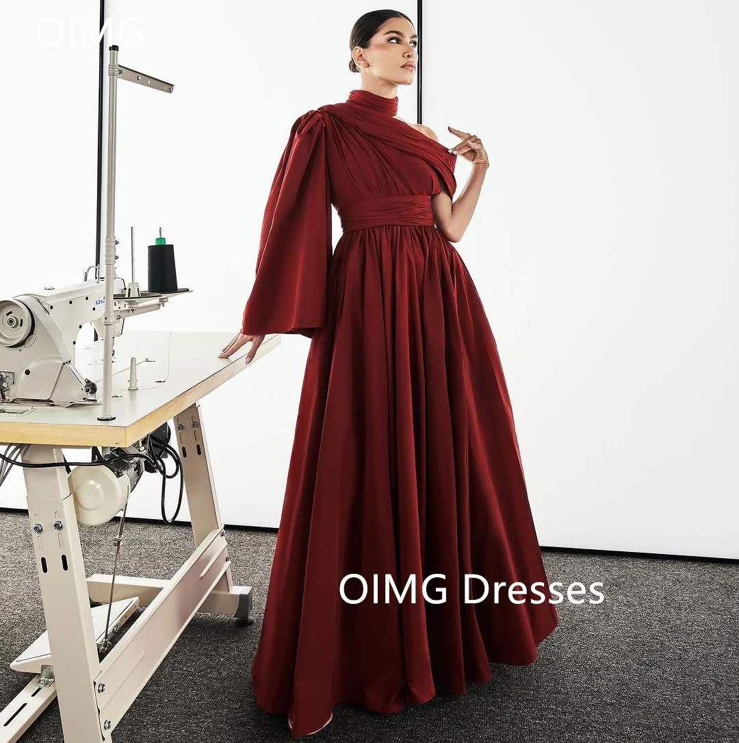 

OIMG Gorgeous Fashion High Neck Pleated Prom Dresses Burgundy A-Line Bell Sleeves Vintage Evening Gowns Formal Party Dress