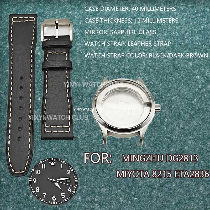 40MM Watch Case leather strap set Sapphire mirror surface for Miyota 8215 ETA2836 Mingzhu dg2813 Movements