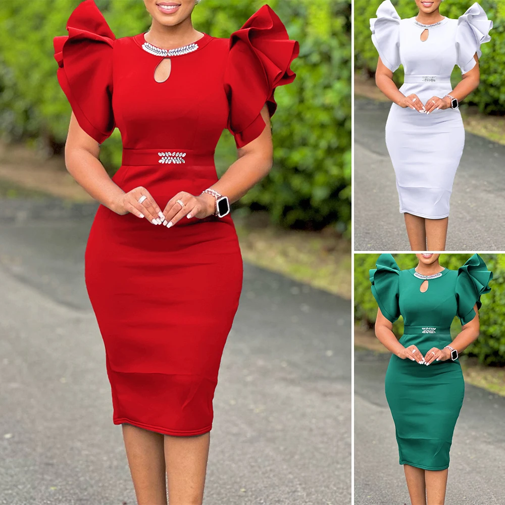 Abiti da donna Autunno Chic Fashion Party Vestibilità Slim Tinta unita Cut-Out Manica volante Girocollo Abito a trapezio al ginocchio