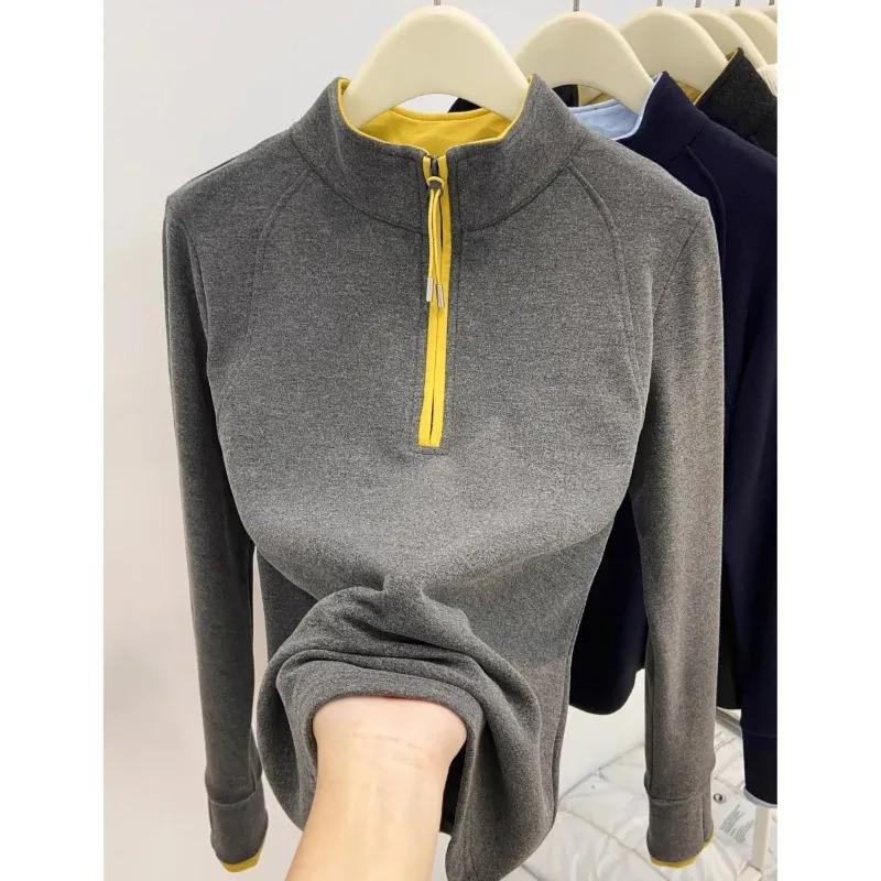 Stand Collar Color Block Half Zip Fleece Long Sleeve Top Slim Thermal Women Layering Shirt For Winter Casual Daily Wear