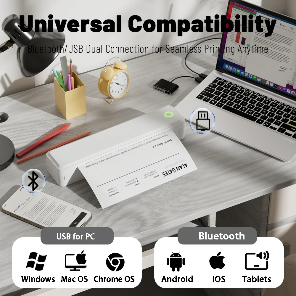 

Термопринтер Bluetooth, портативный беспроводной принтер для путешествий, офиса и школы, в комплект входят 3 рулона бумаги — поддерживает буквы США, A4
