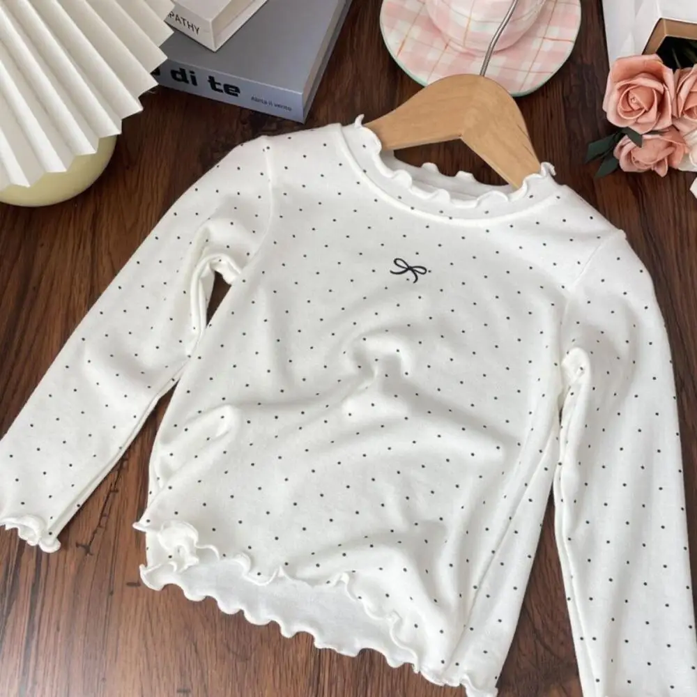 New Girls' Long-Sleeved T-Shirts Spring Autumn Children Polka Dot Bottoming Shirts Cute Sweet Lace Fashion Korean Versatile Tops