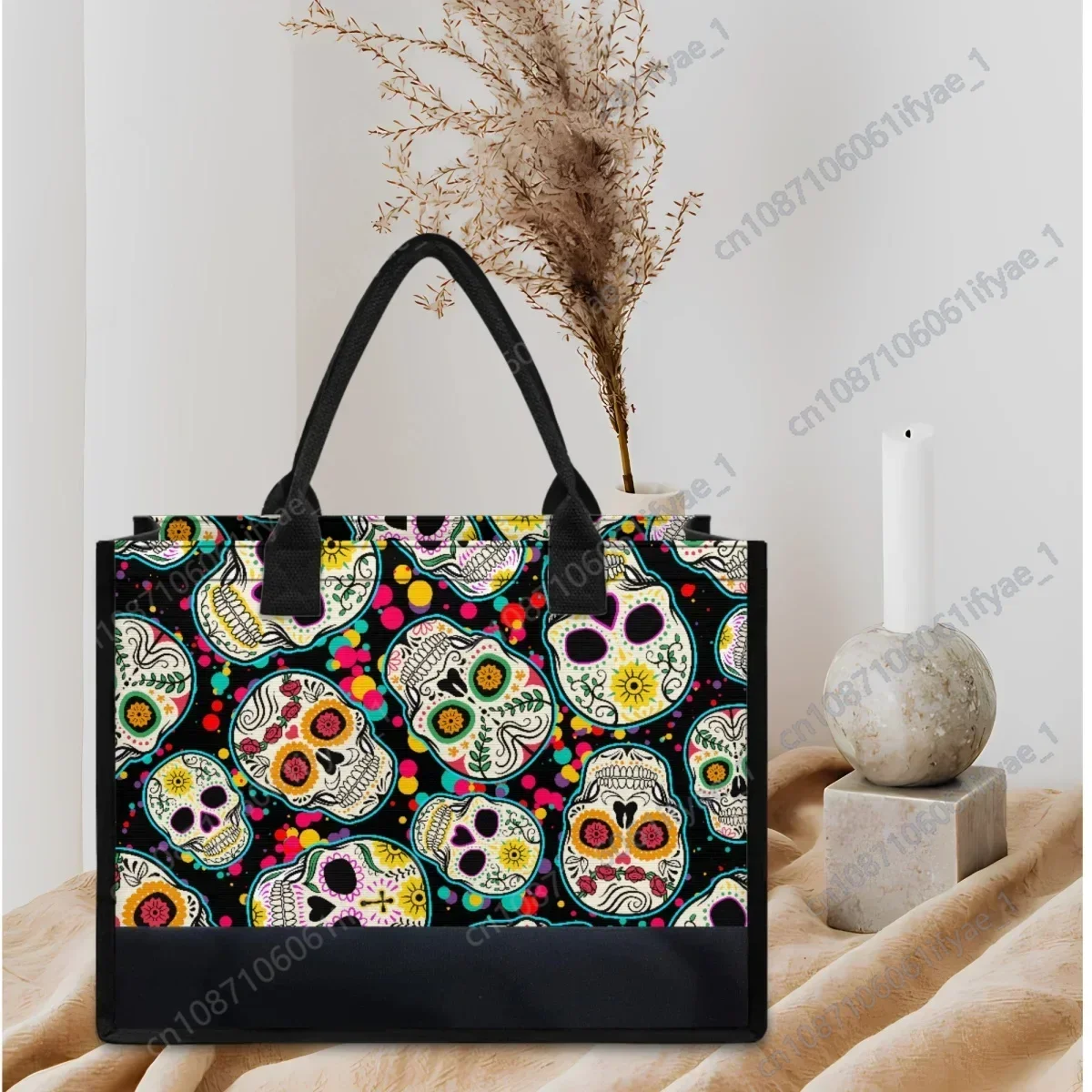 Sugar Skull Designer Casual Ladies Tote Bag New Portable Handle Travel Beach Bag Large Capacity Shopping Handbags Halloween Gift