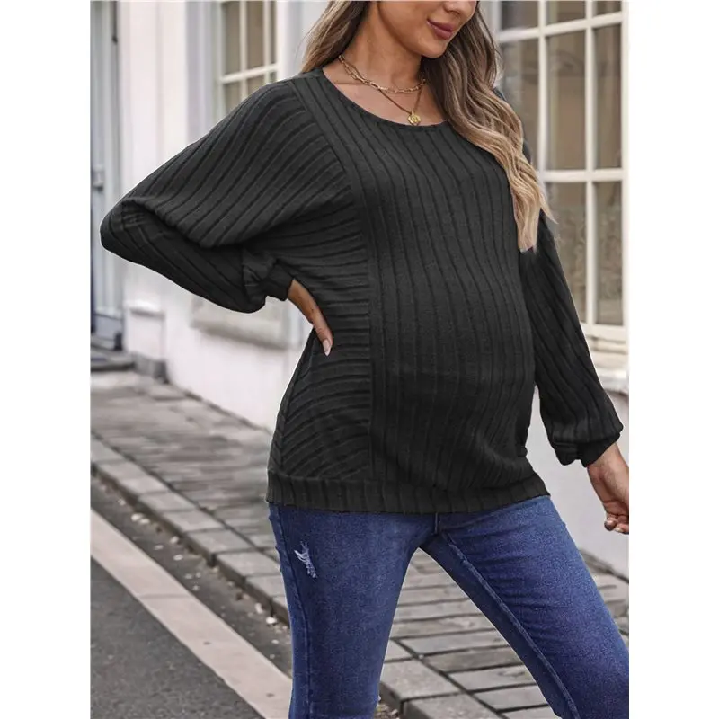 Women Maternity Solid Vertical Rib Patchwork Crew Neck Lantern Long Sleeve Oversized Pregnancy Top
