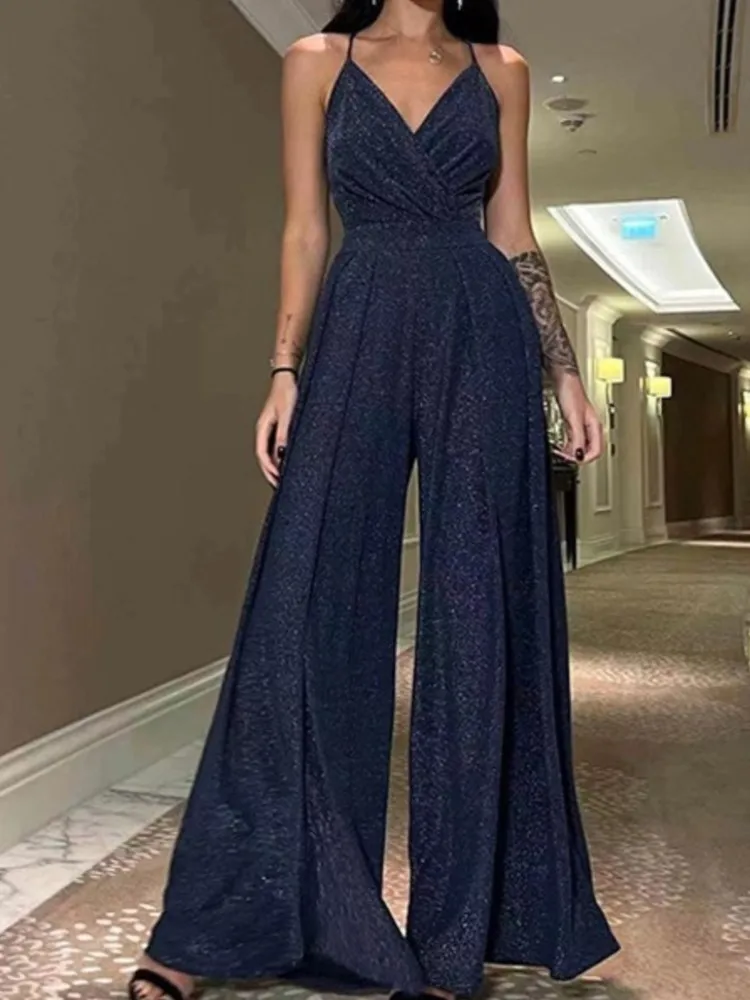 

Jumpsuit Female Fashionable Sleeveless Suspender V-neck Tight Hip-covering Backless Wide-leg Rompers Sexy Office One-piece Pants