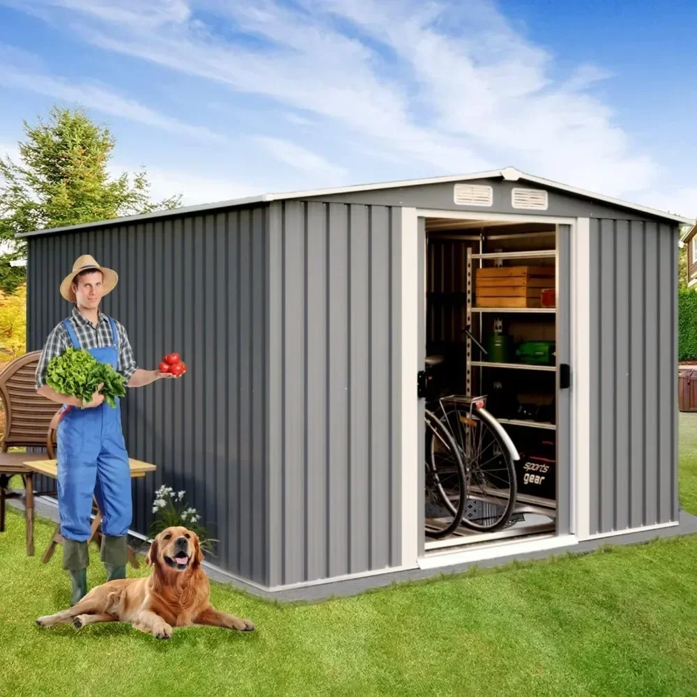 

10x8 FT Outdoor Storage Shed, Galvanized Steel Metal Garden Shed with Double Sliding Lockable Door, Floor Frame, Vents