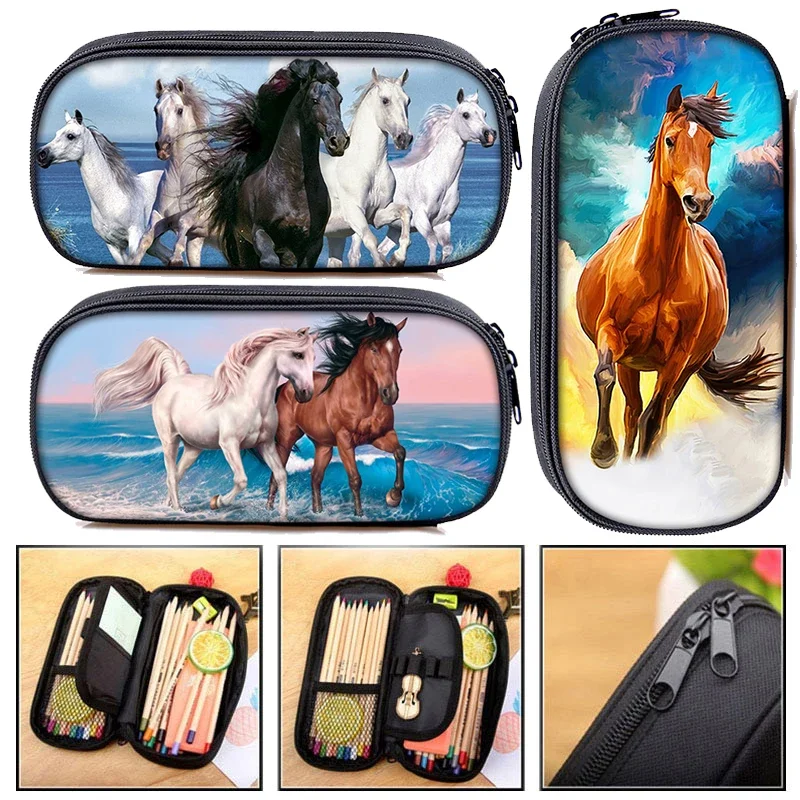 

Animal Horse Print Pencil Bag Black Horse Cosmetic Cases Women Storage Stationary Bag For Travel Organizer School Case Supplies