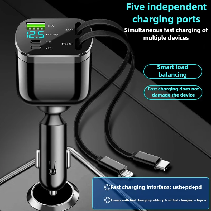 لشاحن ولاعة السجائر، كابل ملف مزدوج قابل للطي وقابل للسحب، شحن سريع عالمي لملحقات هواتف iPhone Android