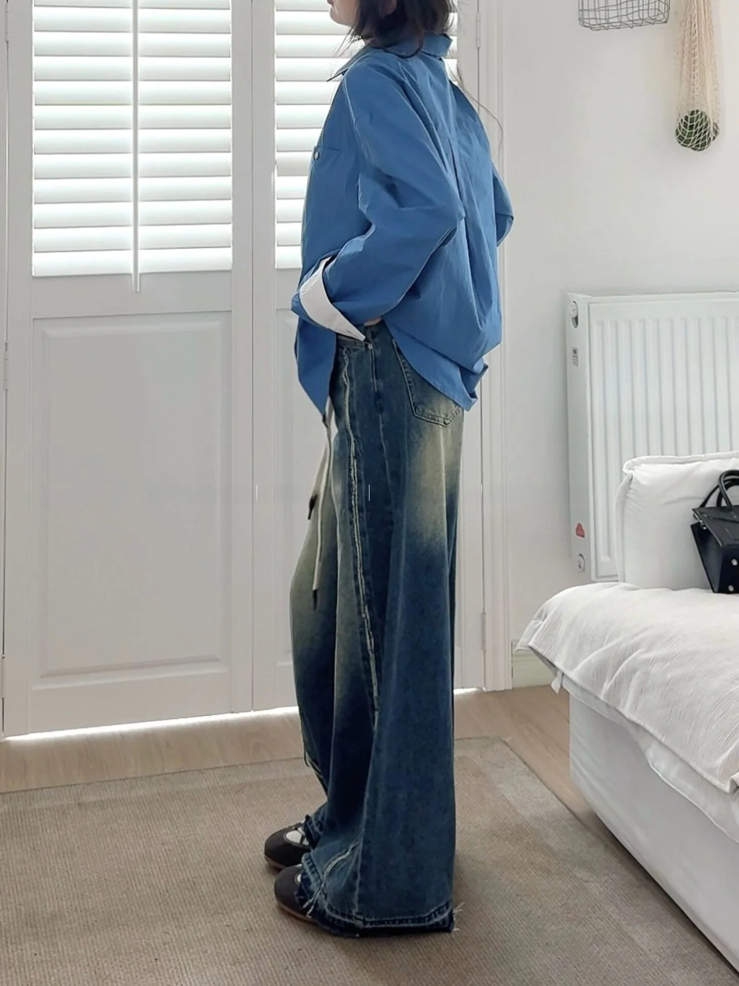 

Cooirl High Waist Wide Leg Jeans Women's Loose Straight Long Pants Autumn Season Waed out Lightening Color Denim Trousers