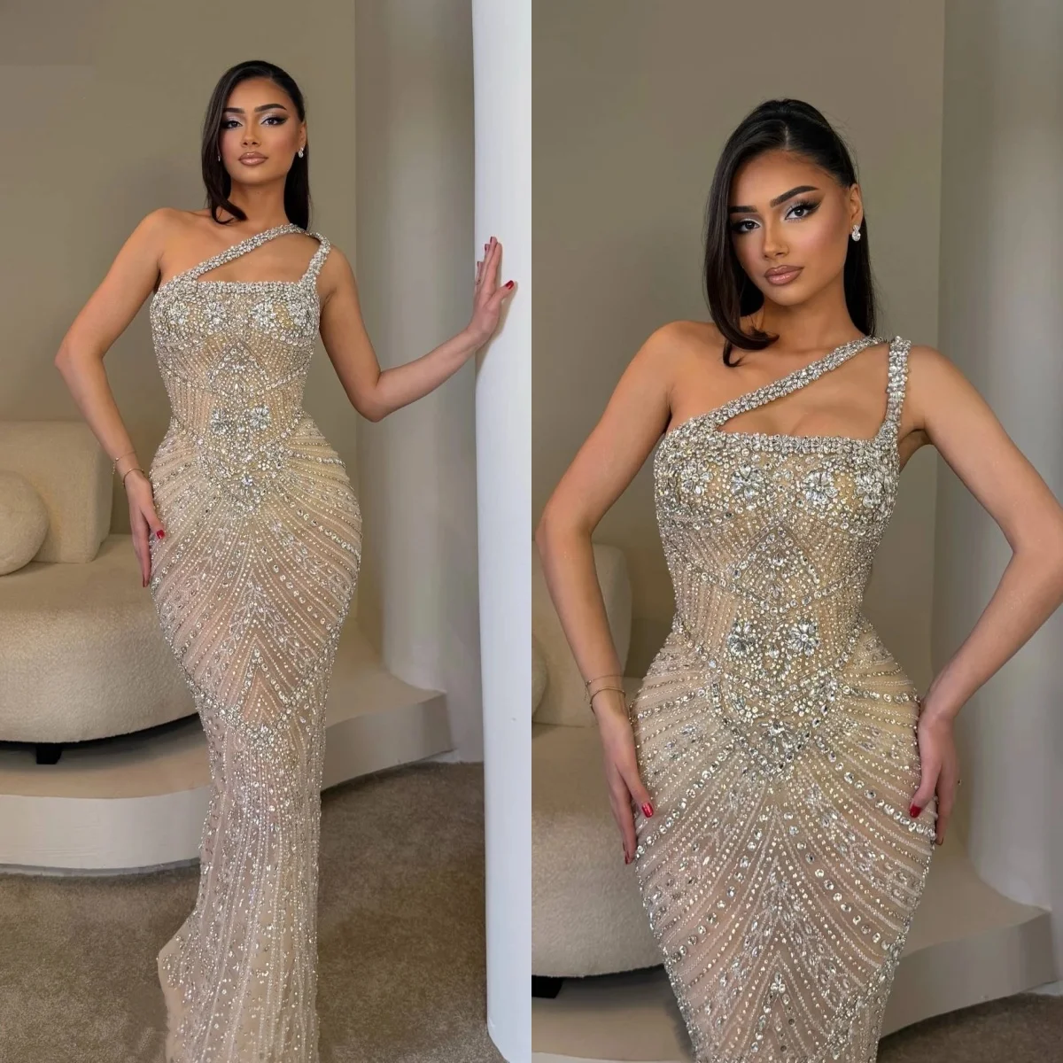 Wunderschöne Abendkleider, Illusions-Kristall-Meerjungfrauenkleid, One-Shoulder, ärmellos, maßgeschneidertes Partykleid, Vestidos De Noche